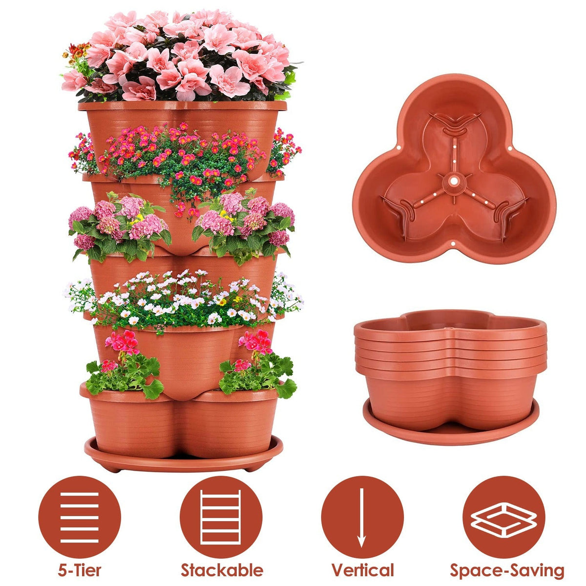 5 Tier Vertical Stackable Planter Garden Tower Stackable PlanterÊOutdoor Gardening Pots for Strawberries Flowers Herbs Vegetables
