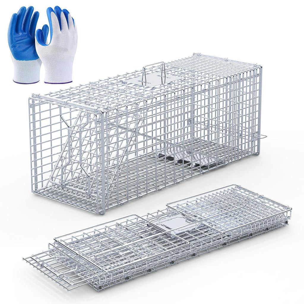 Live Animal Trap Cage 37x14x15in Folding Catch and Release Humane Cat Trap Galvanized Iron for Raccoons Foxes Coyotes Stray Dogs Armadillos Squirrels