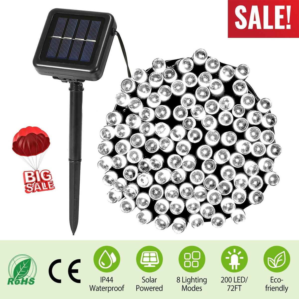 Solar String Lights LED Solar Power Fairy String Light 22M 200 LEDs 8 Lighting Mode White Light Waterproof Starry String Lights Christmas Wedding Part