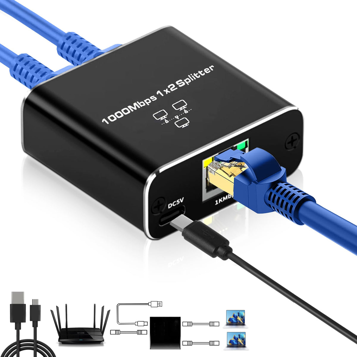 Ethernet Splitter Gigabit Network Port Splitter 1 in 2 Out 1 Female to 2 Female High Speed LAN Internet Adapter with USB C Charging Cable Plug and Play for Cat5 Cat5e Cat6 Cat7 Cat8 RJ45 Cord