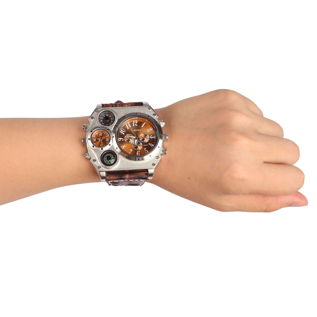 MenÕs Quartz Watch Two Time Zone Big Face Military Style Compass Thermometer Decorative Dial PU Leather Strap