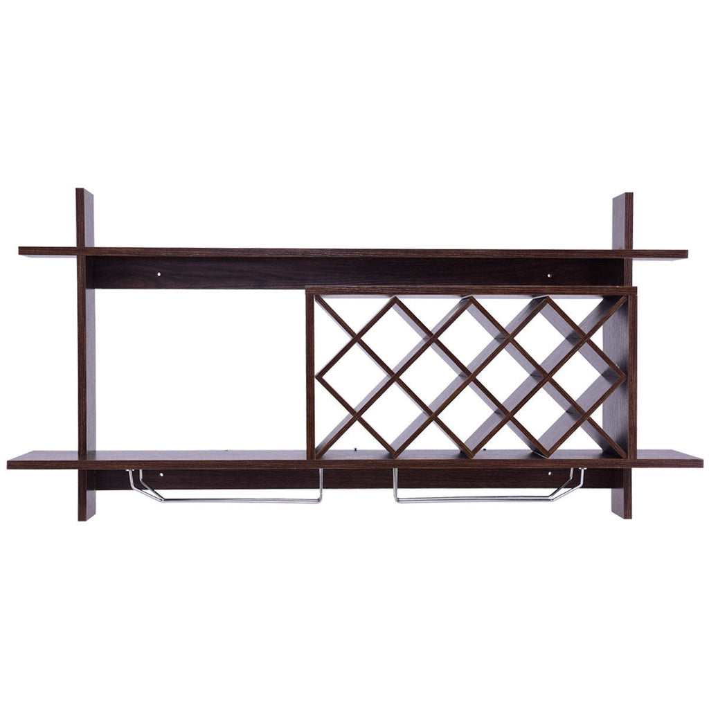 Wall Mount Wine Rack with Glass Holder & Storage Shelf-Walnut