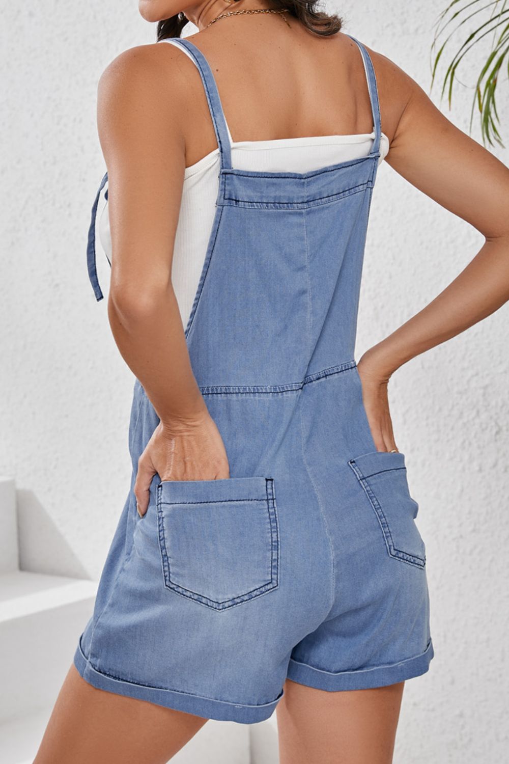 Square Neck Denim Overalls with Pockets
