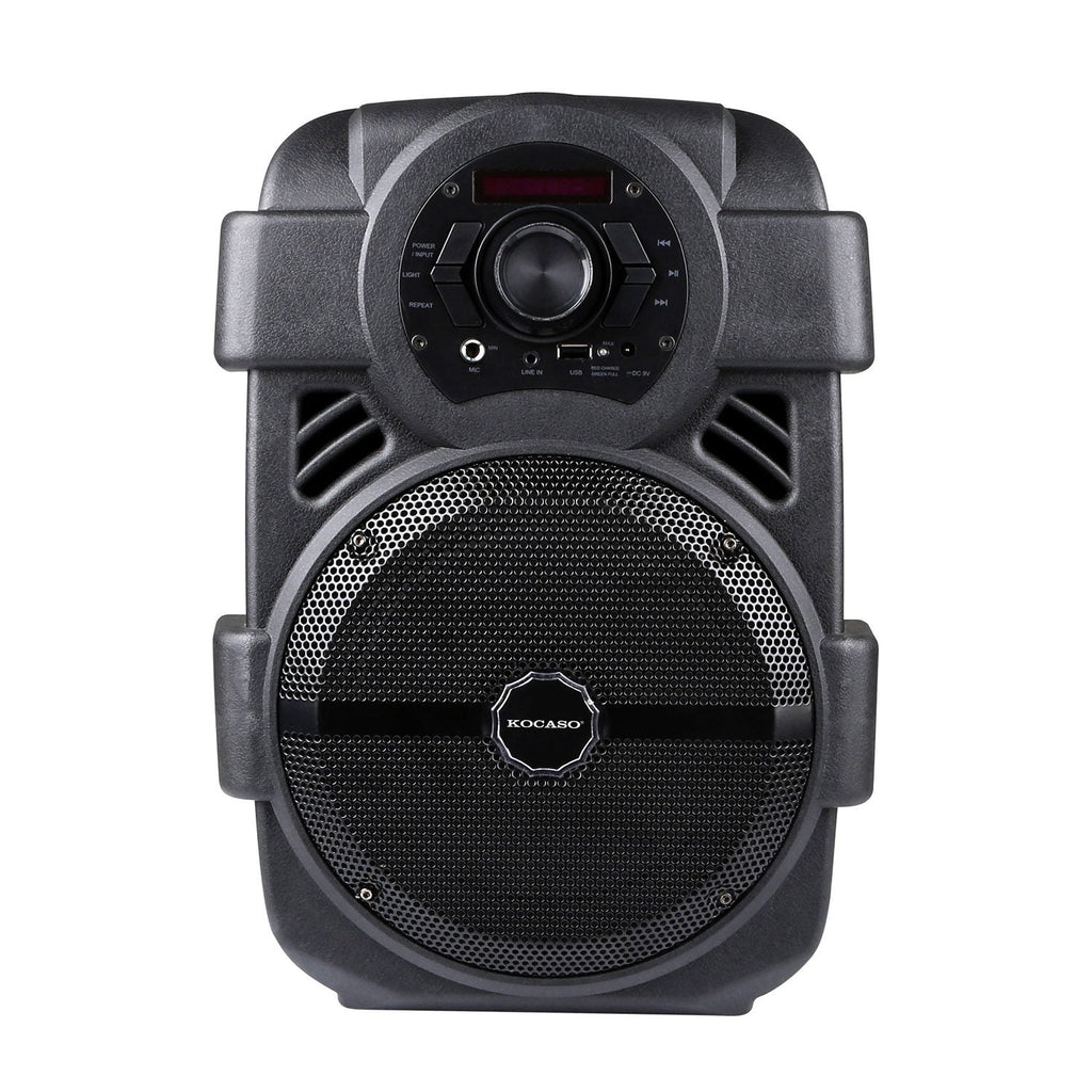 KOCASO Wireless Speaker Portable PA Karaoke System with 8" Subwoofer Sound System Wired Microphone w/ DJ Lights FM Remote Control