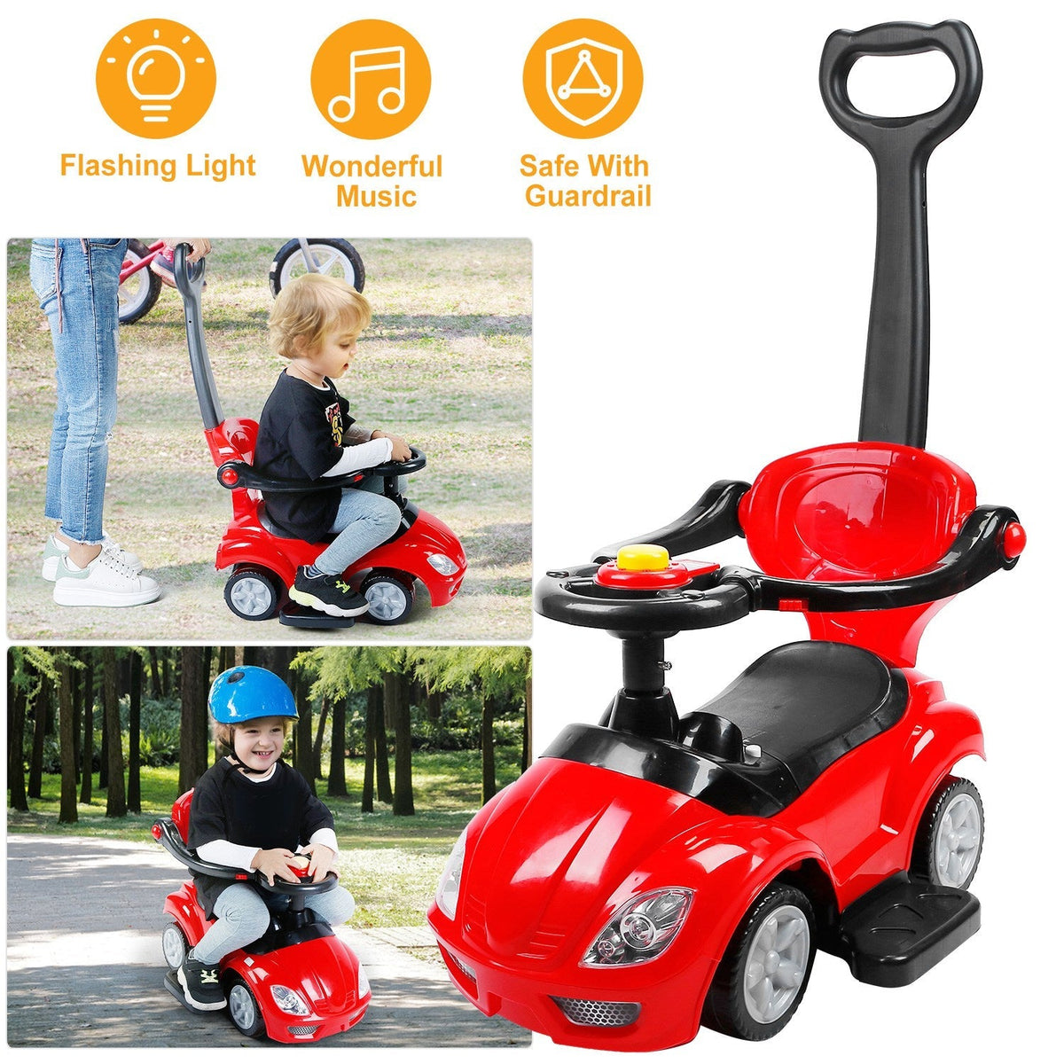 Ride on Push Car 4-Wheel Children Sliding Push Car W/ Colorful Flashing Light Music Handrail Guardrail Push Rod