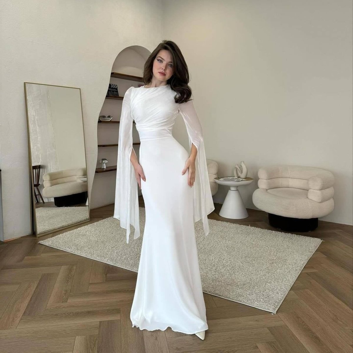 Cape Sleeve Gown with Tie-Back | Fitted Mermaid Maxi Dress(MS230)