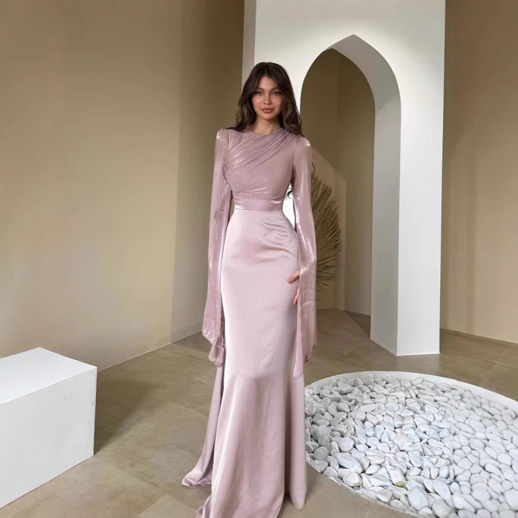 Cape Sleeve Gown with Tie-Back | Fitted Mermaid Maxi Dress(MS230)