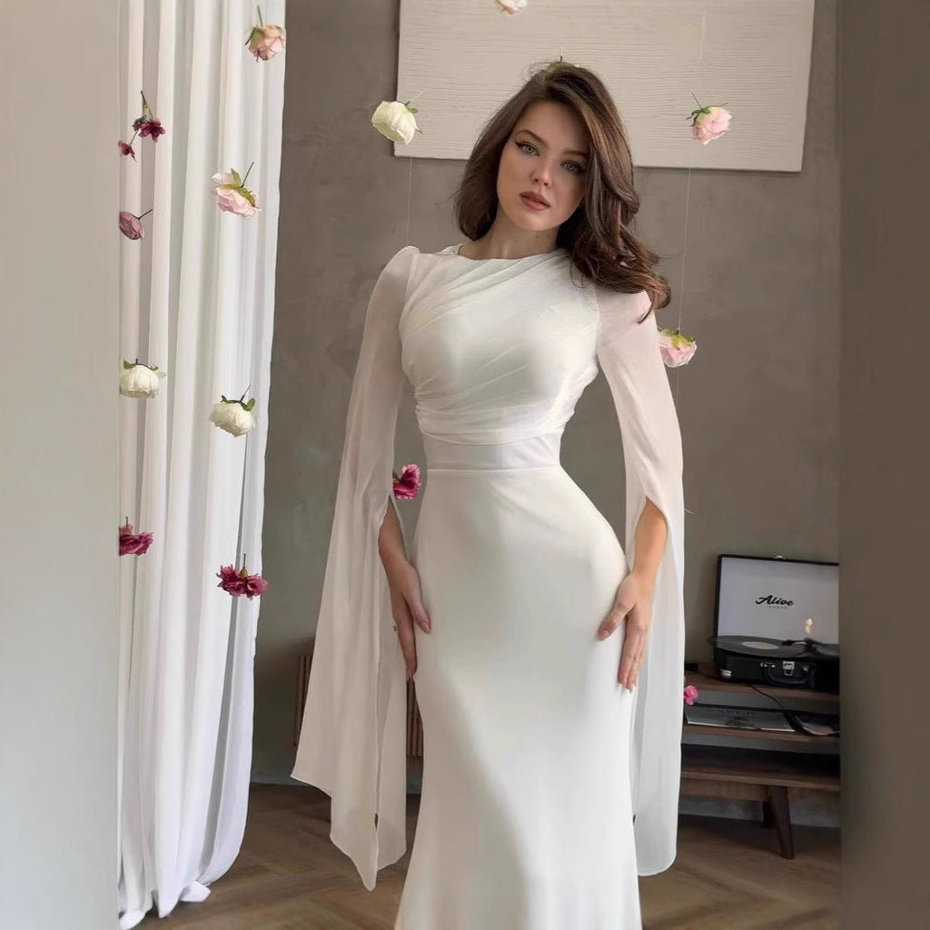 Cape Sleeve Gown with Tie-Back | Fitted Mermaid Maxi Dress(MS230)