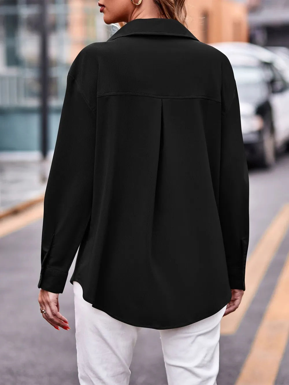 Casual and fashionable double pocket loose long sleeved solid color shirt
