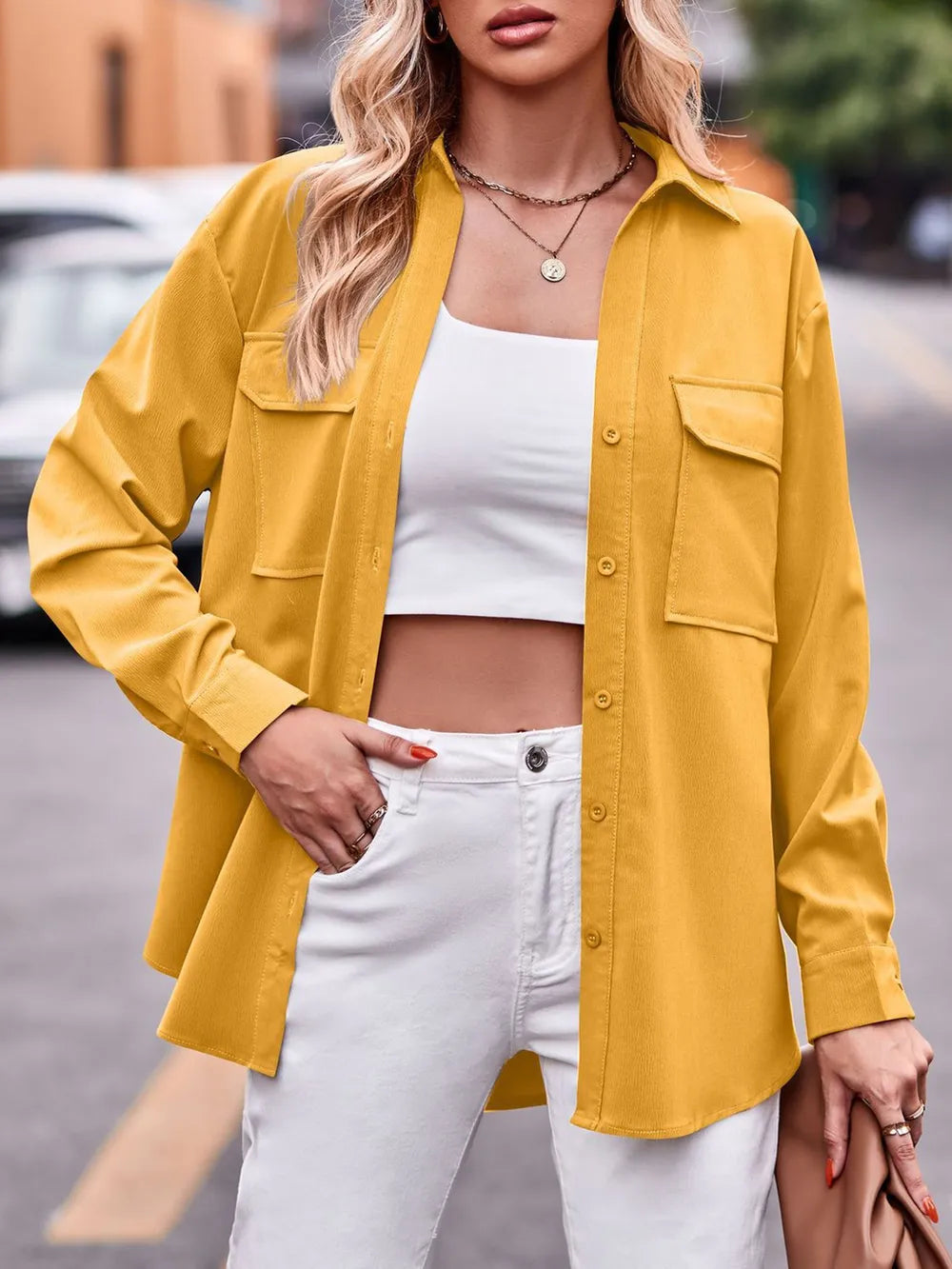 Casual and fashionable double pocket loose long sleeved solid color shirt