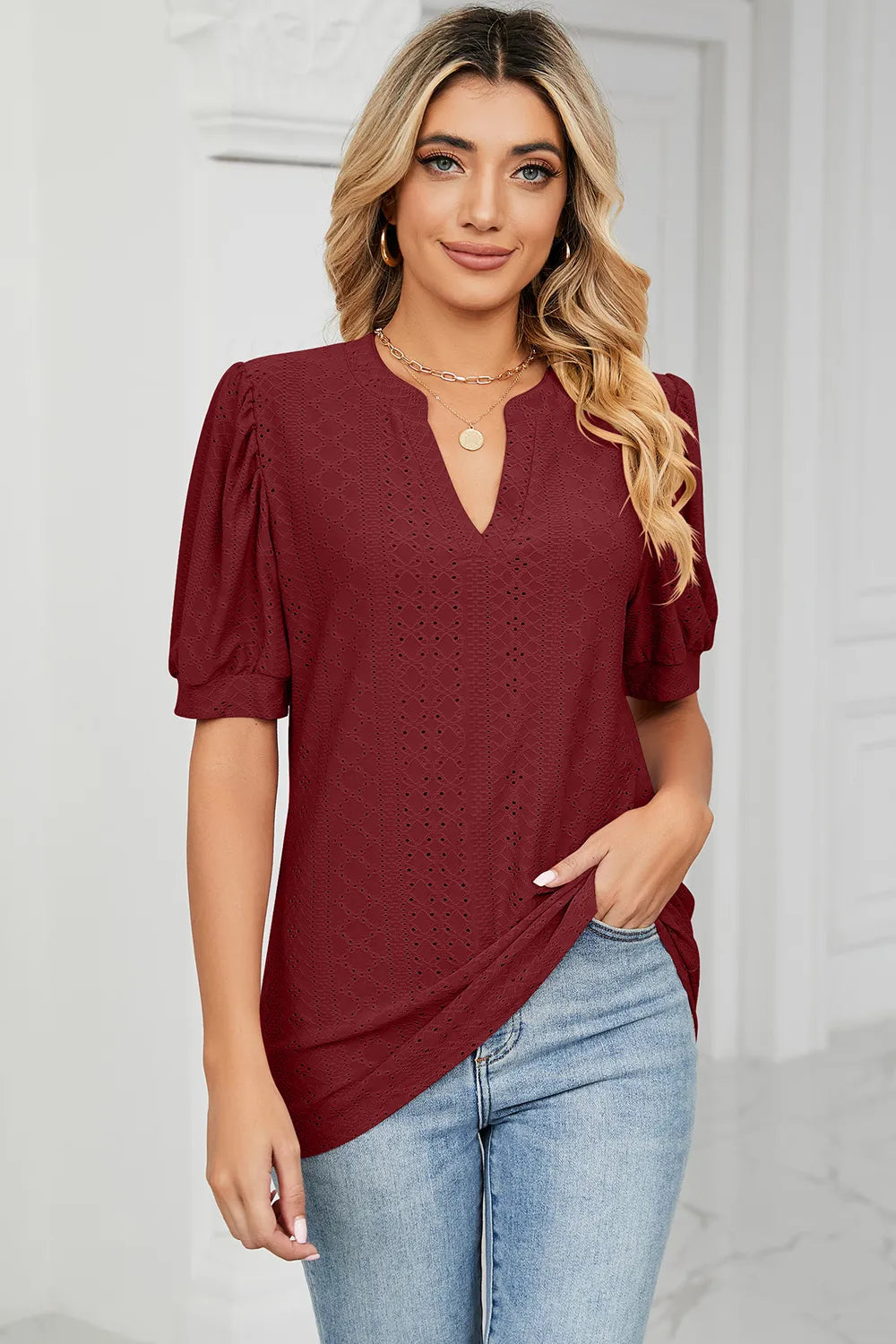 Casual V-neck solid color hollow bubble sleeve loose T-shirt top for women
