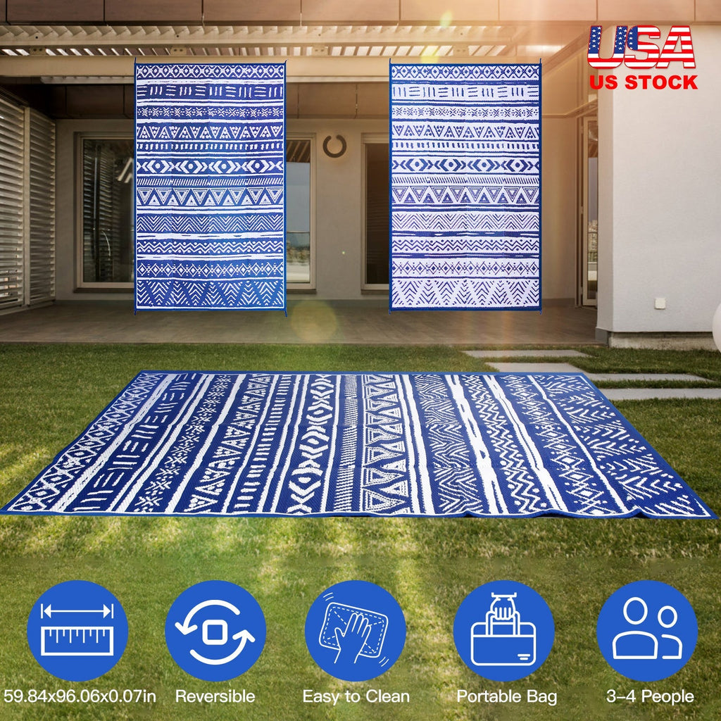 4.98x8FT Reversible Outdoor Rug Waterproof Mat with Storage Bag Portable Plastic Carpet Indoor Outdoor Activity for Picnic Patio Deck RV Trip Blue & W