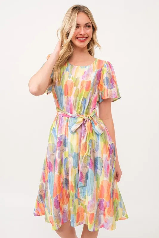Lime 'N' Chili Watercolor Print Tie Front Midi Dress