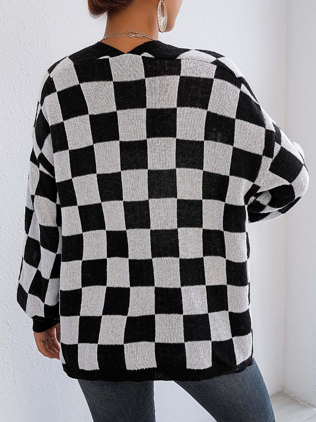Black and White Checkered Cardigan - Checkered Open Front Long Sleeve Cardigan