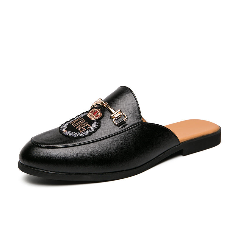 Men's Closed Toe Half Slippers: Bright Leather, Fashion Embroidery