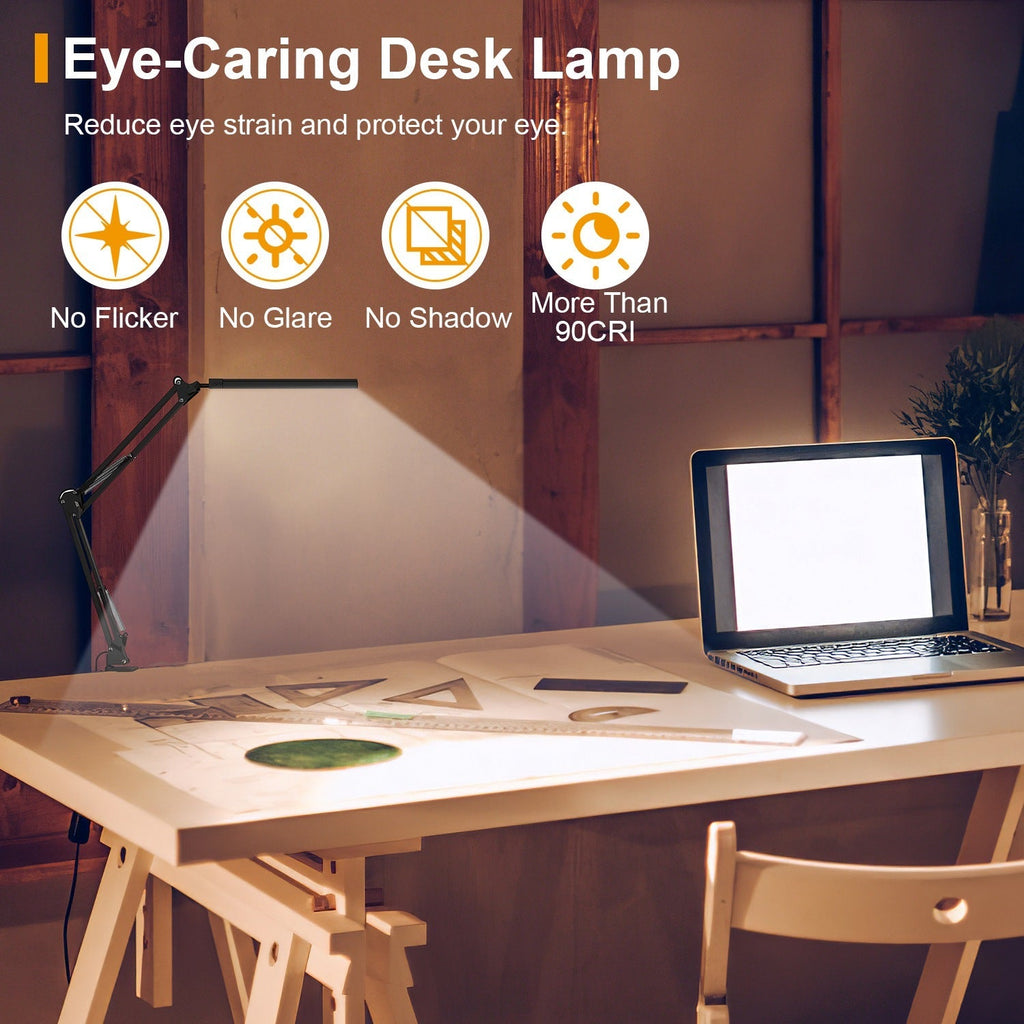 LED Reading Desk Lamp with Clamp Adjustable Swing Arm 3 Modes 10 Brightness Table Light 360 Degree Rotation Lighting Head for Home Office