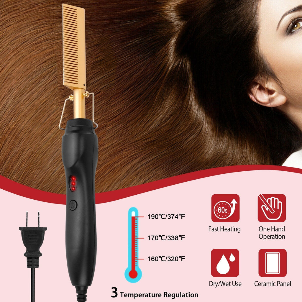 Electric Heating Hair Comb PTC Ceramic Hair Straightener Curler Brush Hair Straight Styler Wet Dry Use w/ 3 Temperature Adjustment