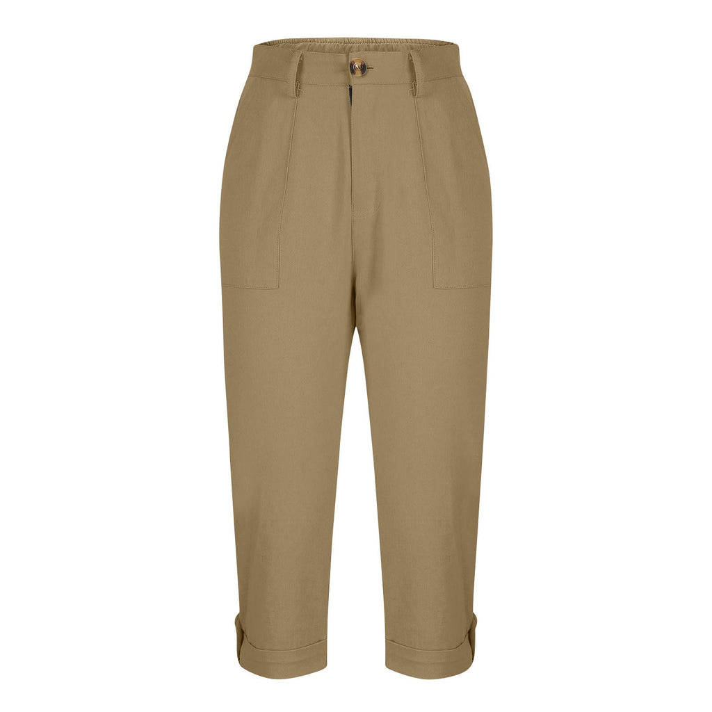 Womens Solid-color Buttoned Roll-up Capri Pants