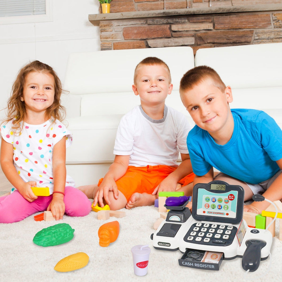 Kids Cash Register Pretend Play Cashier Toy with Scanner Calculator Credit Card Money Grocery Products Educational Toy Gift for Kids Aged 3 4 5 6 Year