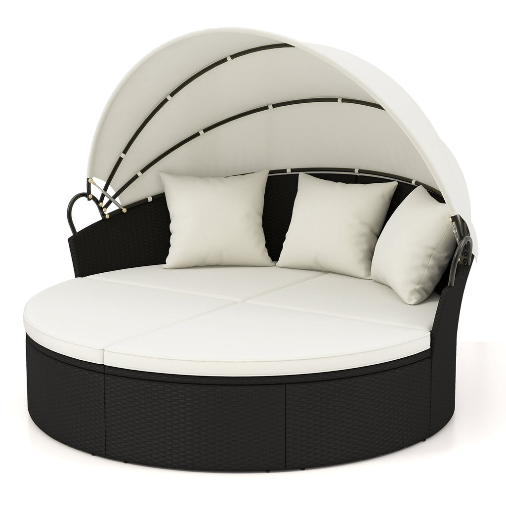 Clamshell Patio Round Daybed Wicker with Retractable Canopy and Pillows
