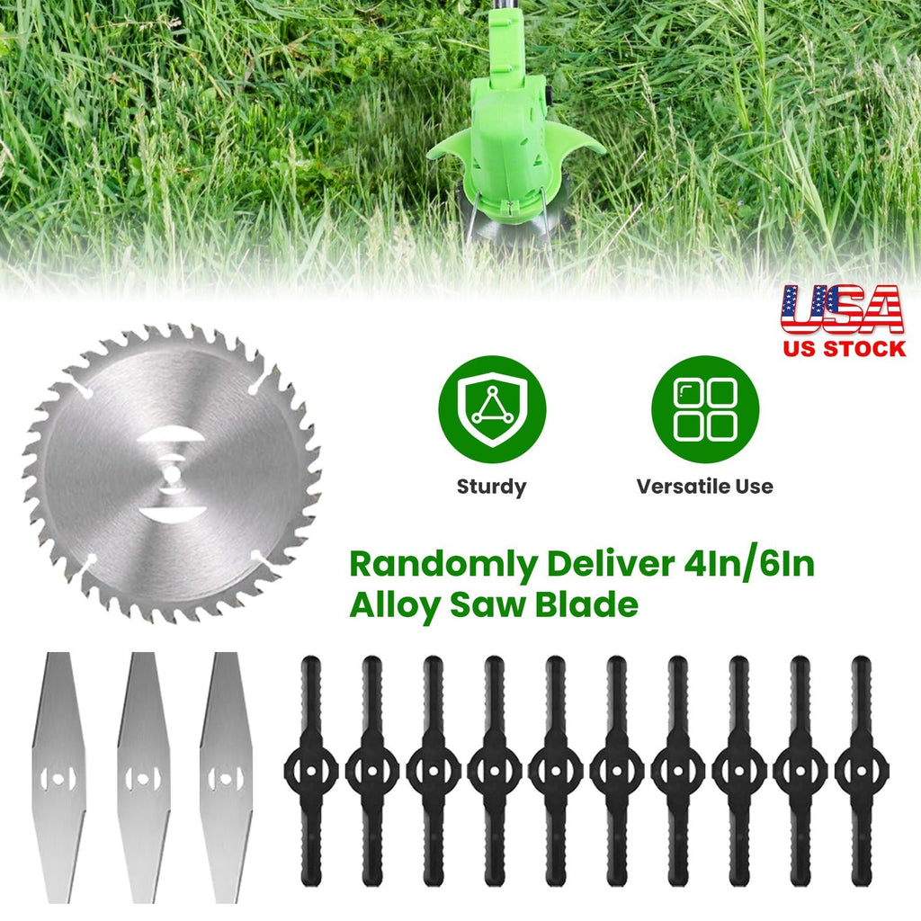 14Pcs Grass Trimmer Blades Accessories Weed Cutter Attachments 10Pcs 5.35In Plastic Blades 3Pcs 6In Stainless Steel Blades 1Pc 4In/6In Alloy Saw Blade