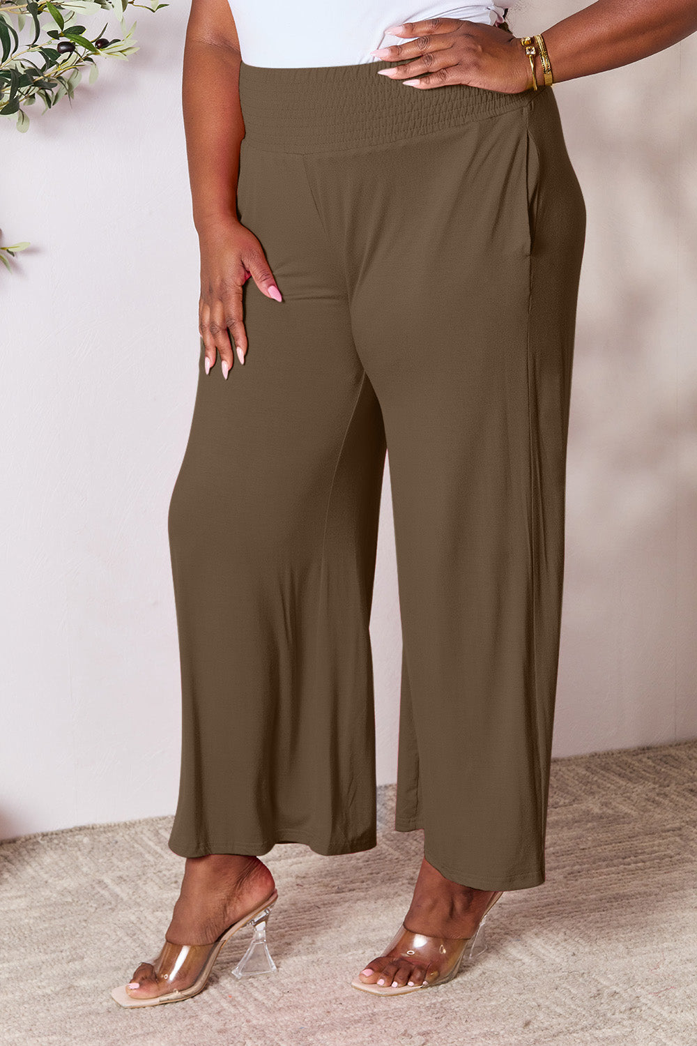 Smocked High-Waist Wide Leg Pants