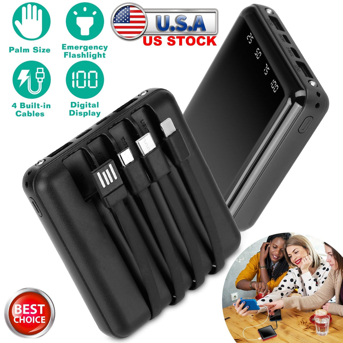 10000mAh Portable Charger Power Bank External Battery Pack w/ 4 Built-in Cables w/ LED Flashlight