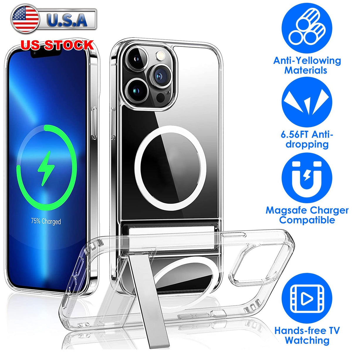 Magnetic Metal Kickstand Clear Case Shockproof Anti Yellowing Phone Cover Compatible with Magsafe Fit for IOS Phone 13 Pro