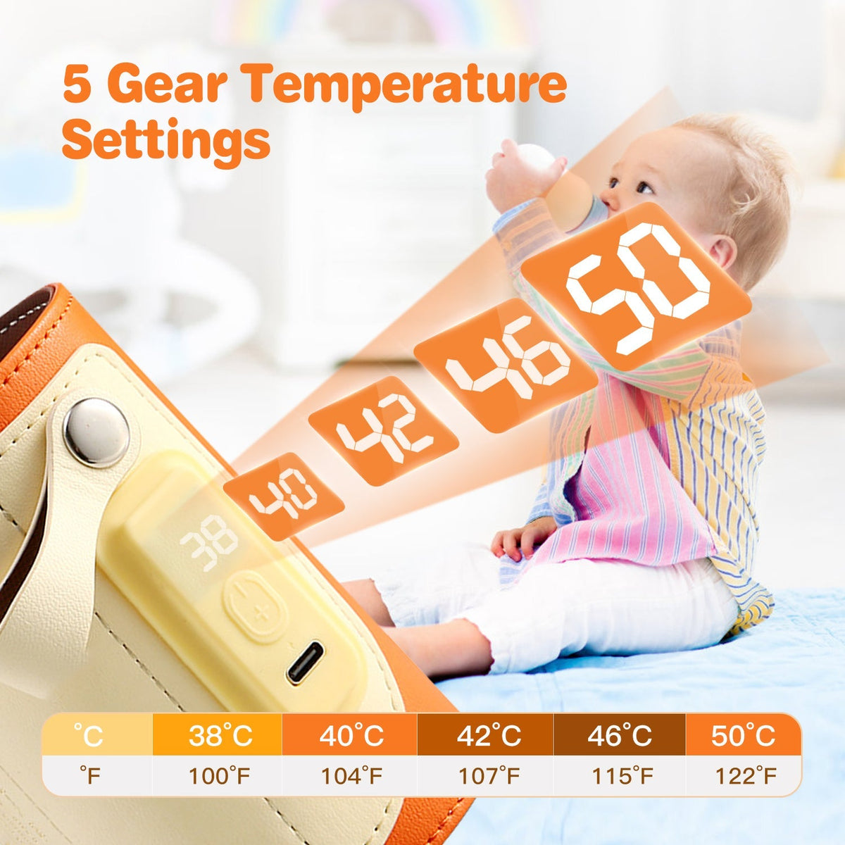 Portable Baby Milk Warmer 5 Temperature Adjustable Handhold Bottle Warmer with Fast Charge Adapter for Outdoor Car Travel