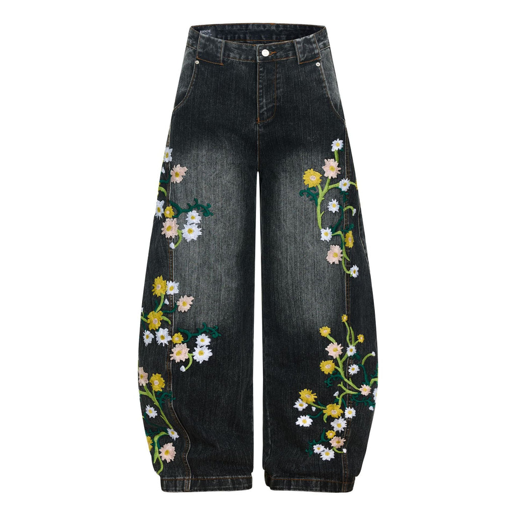 Womens High-waisted Relaxed-fit Floral-embroidered Jeans