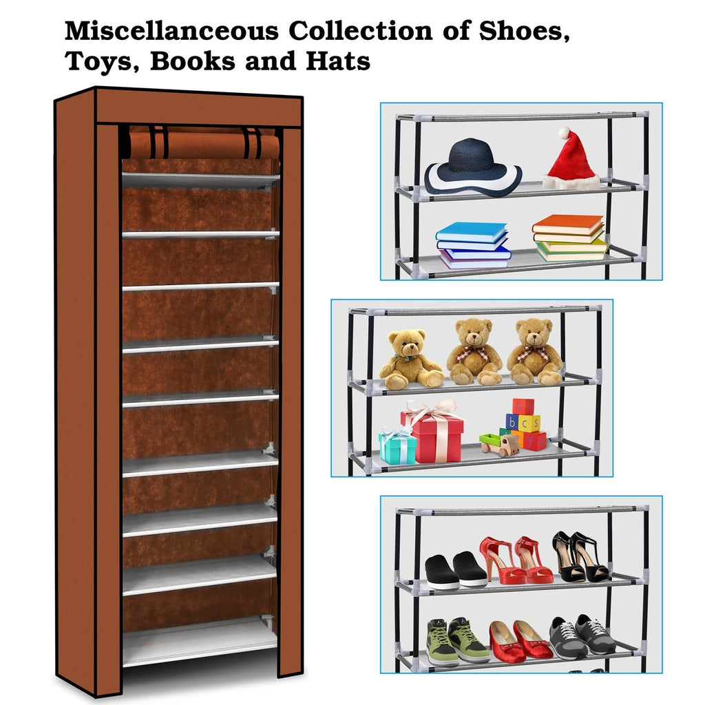 iMounTEK 10 Tiers DIY Shoe Cabinet Dustproof Easy Assemble Tidy Shoe Rack Non-Woven Fabric Holding 27 Pair Shoes Brown