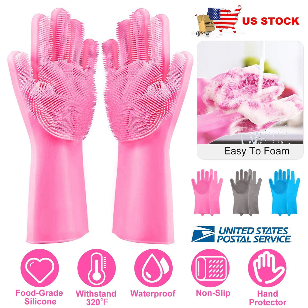 1 Pair Magic Silicone Brush Dishwashing Gloves Cleaning Sponge Pet Scrubber Heat Resistant Wash Gloves