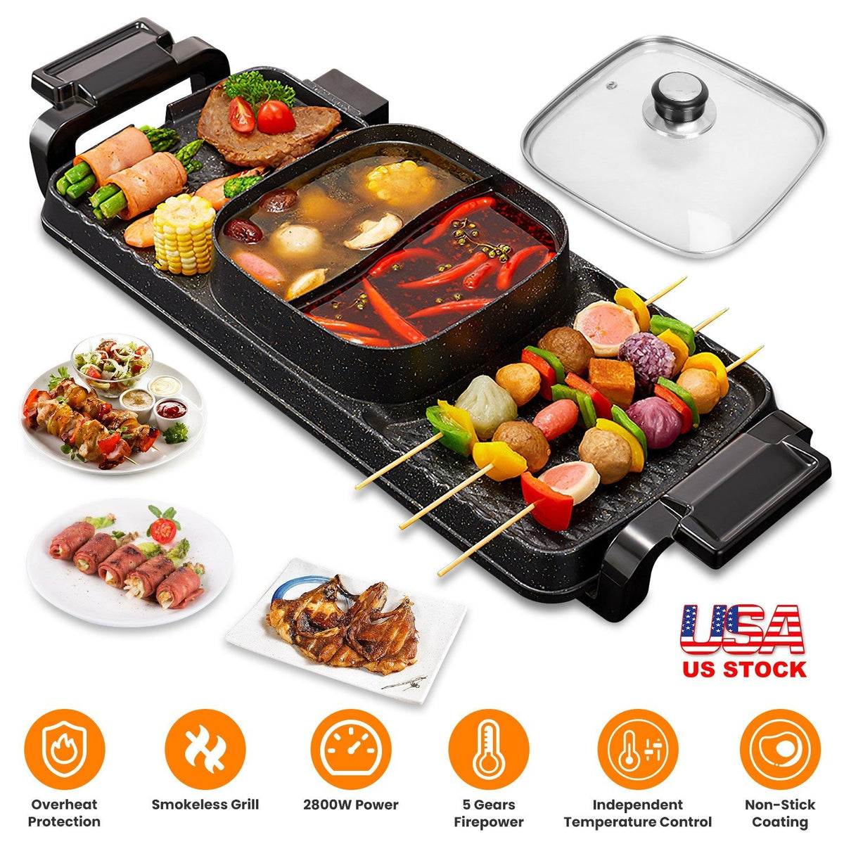 2 in 1 Electric Hot Pot with Grill 2800W Smokeless Non-Stick Korean BBQ Grill Shabu Shabu Hot Pot Combo with Independent Temperature Control 5 Gears F