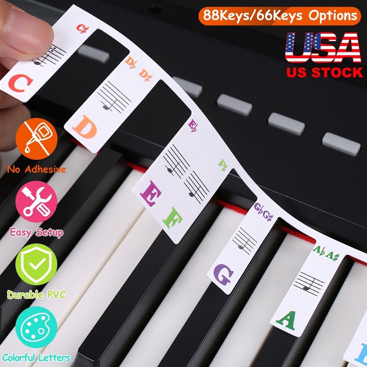 61-Key Piano Keyboard Stickers Removable Piano Key Labels PVC Piano Notes Guide without Glue for Beginners Kids