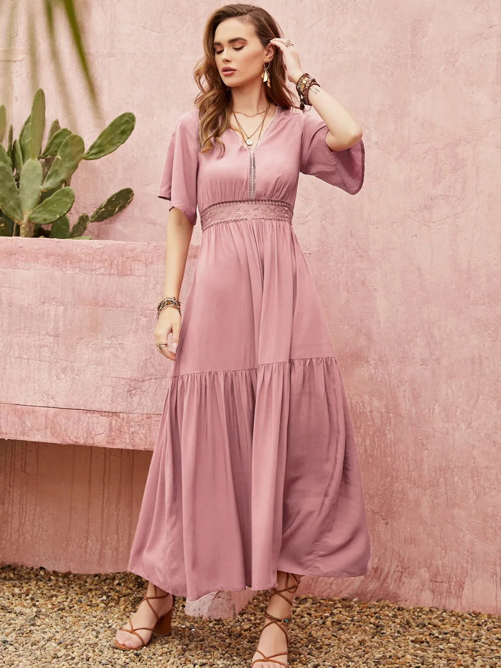 Lace Detail V-Neck Short Sleeve Dress
