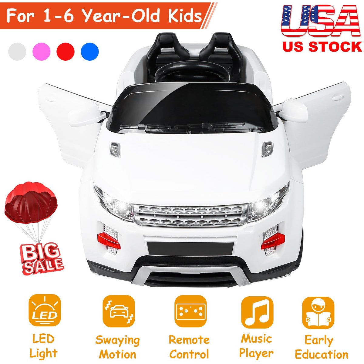 Electric Kids Ride-On Car SUV w/ Parental Remote Control Music Horn LED Lights Swaying Early Education Function Kid Aged 1-6 Years Old