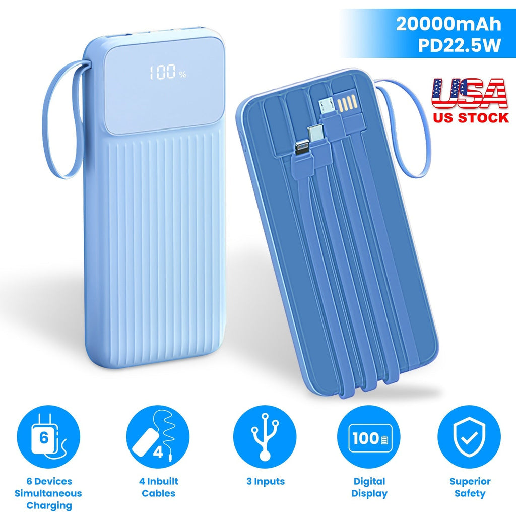 PD22.5W Fast Charger 20000mAh Fast Charging Power Bank Portable Charger with 4 Inbuilt Cables Digital Display Handle Fit For IOSPhone 15/14 Android An