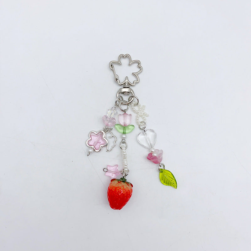 Cute Strawberry Beaded Pendant Keychain