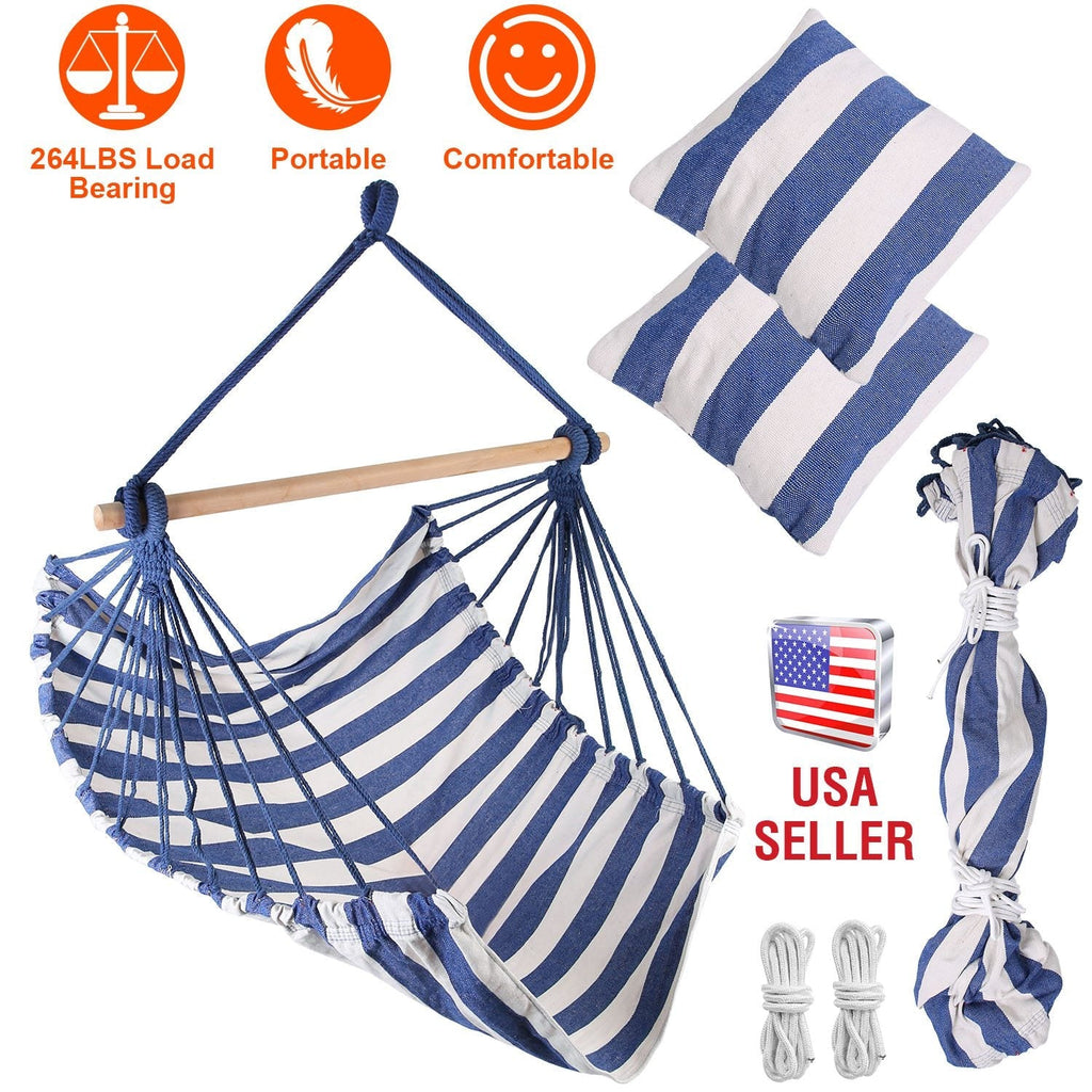 Hammock Hanging Chair Canvas Porch Patio Swing Seat Portable Camping Rope Seat Wooden Stick Hammock Chair with 2 Pillows 265LBS Load-bearing