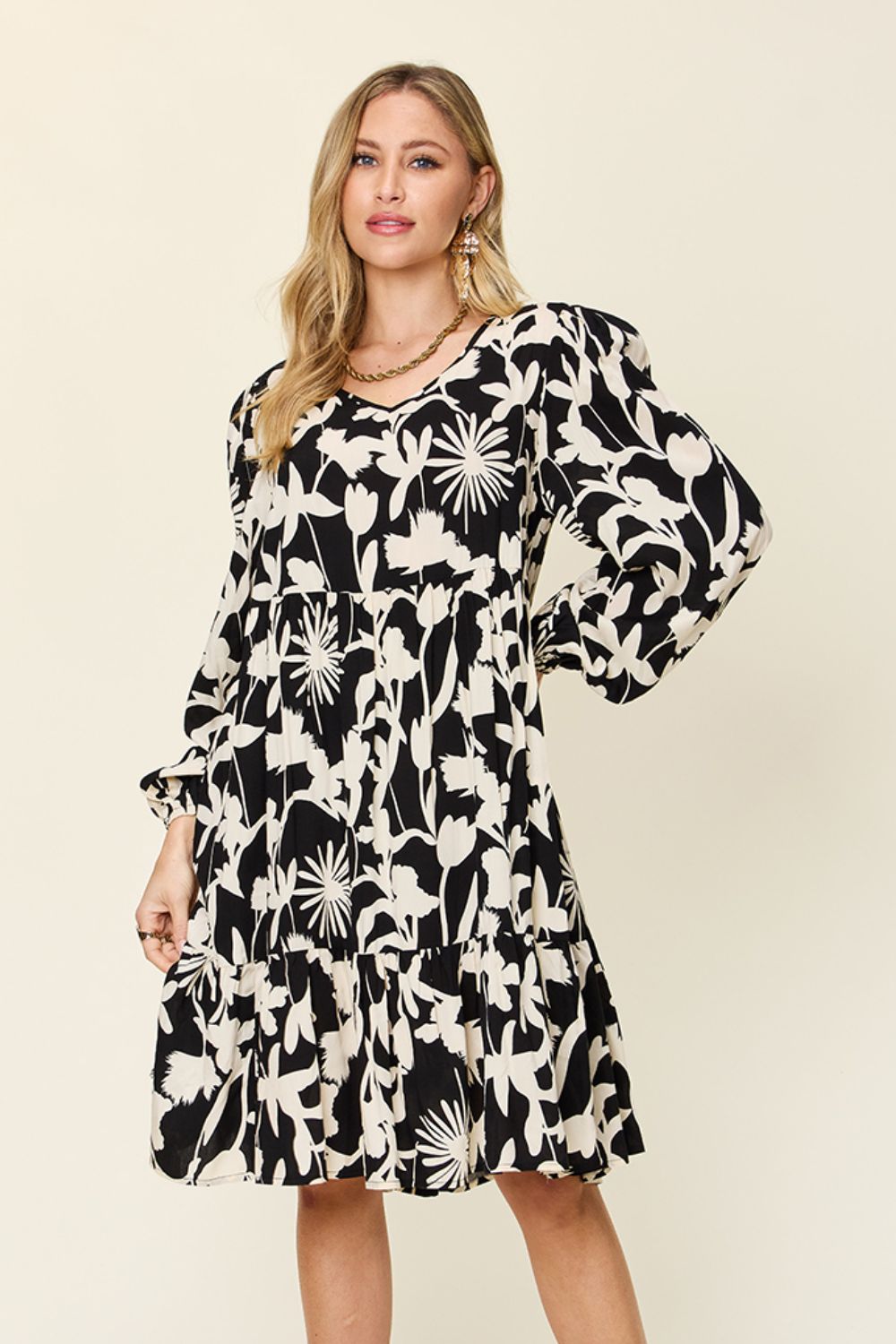 Printed Ruffle Hem Long Sleeve Rayon Dress
