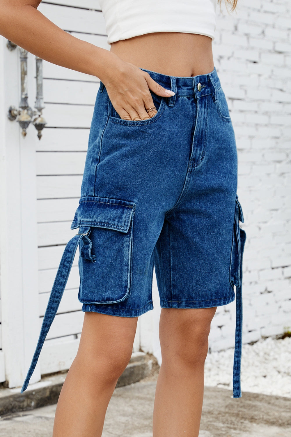 Washed Cargo Denim Shorts