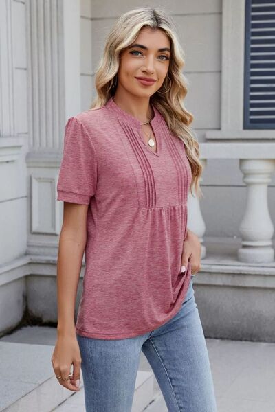 Notched Short Sleeve Solid Color Top
