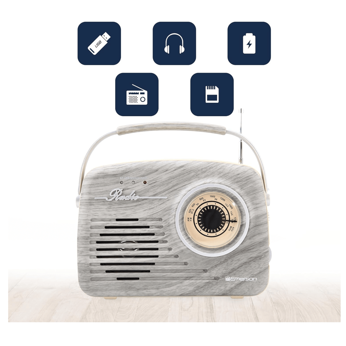 Emerson Portable Retro Radio with Built-In Rechargeable Battery and Memory Set