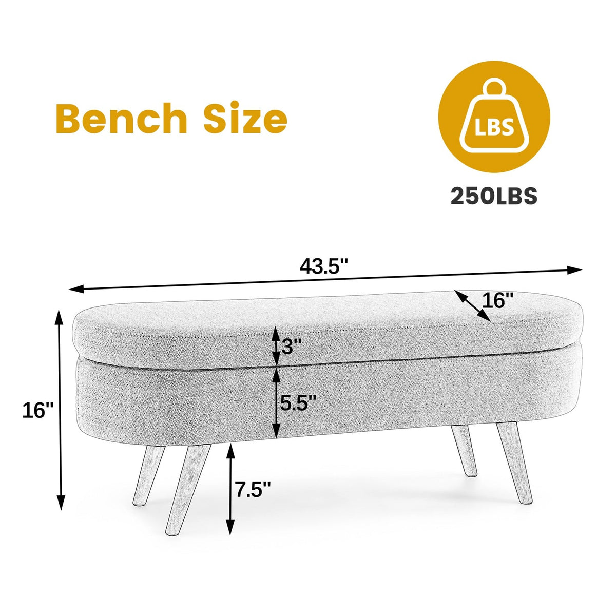 Oval Storage Ottoman Bench with Rubberwood Legs