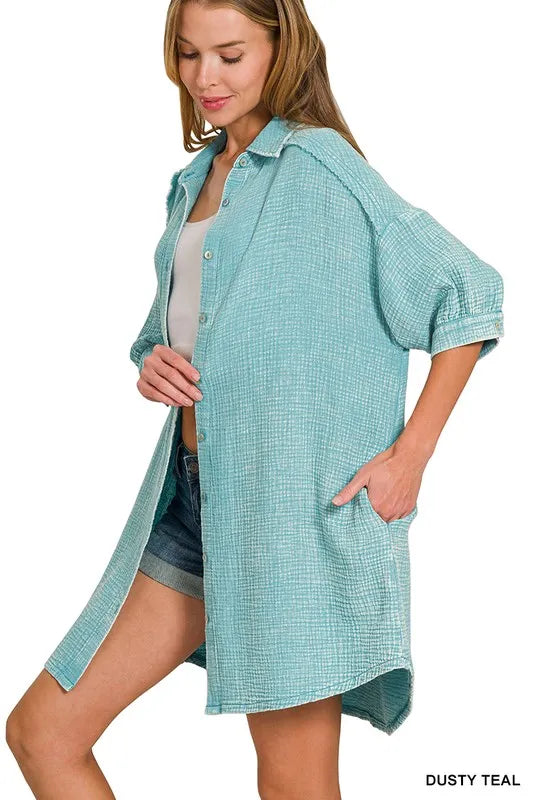 Zenana Washed Double Gauze Button Down Shirt Dress