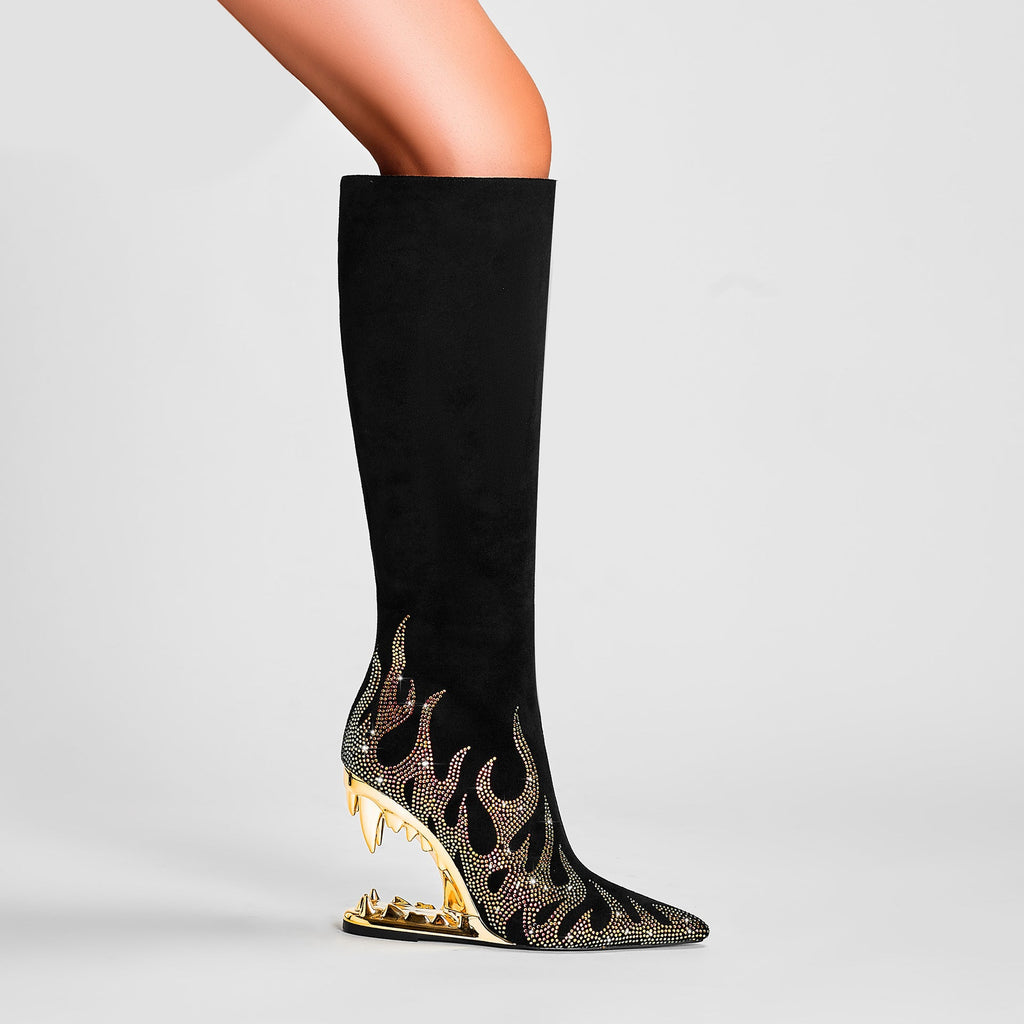 Rhinestone Flame Stretch Boots Tiger Tooth Heel