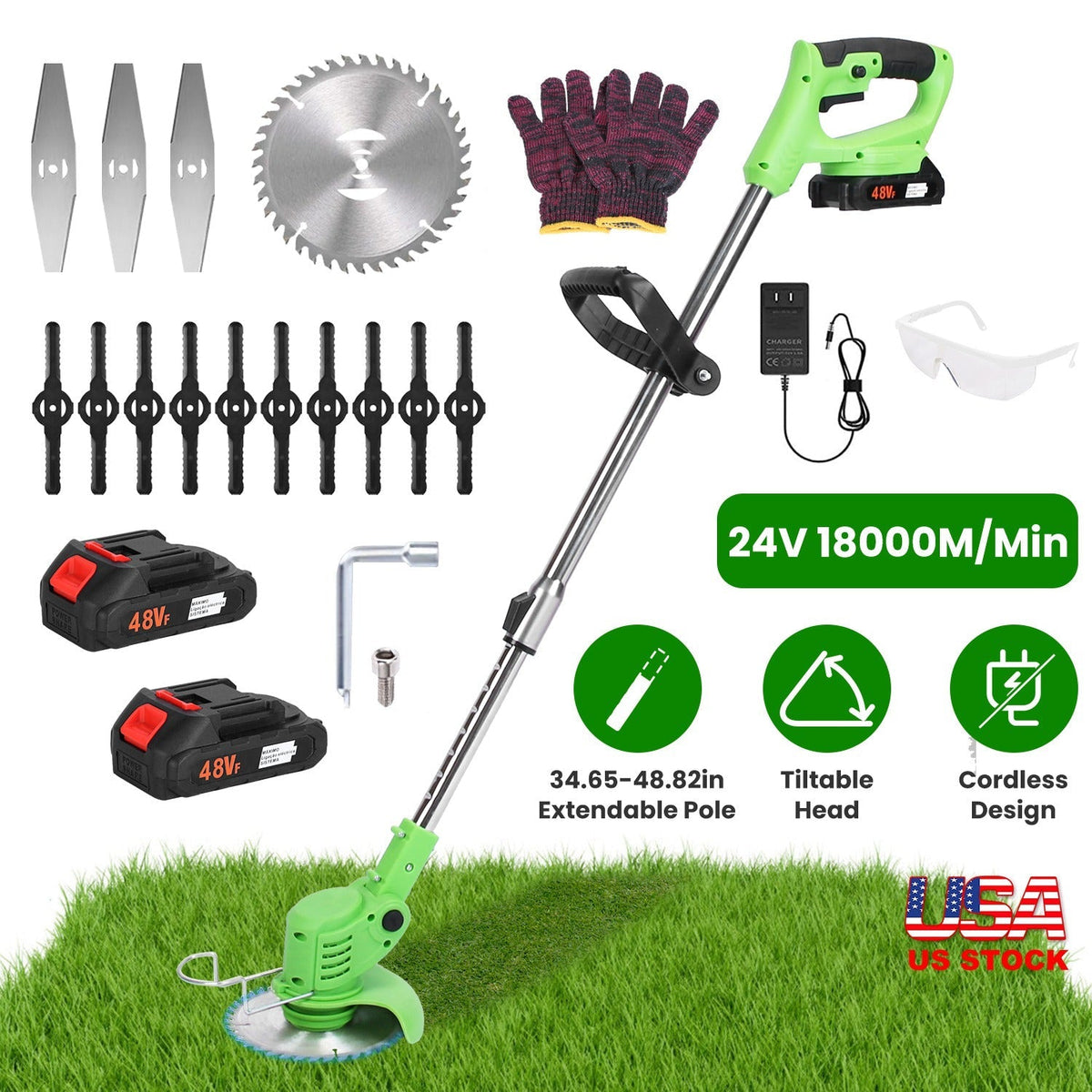 24V 300W Cordless Grass Trimmer Rechargeable Lawn Mower 18000M/Min Weed Cutter with Saw Blade 2 Stainless Steel Blades 10 Plastic Blades 2 Rechargeabl