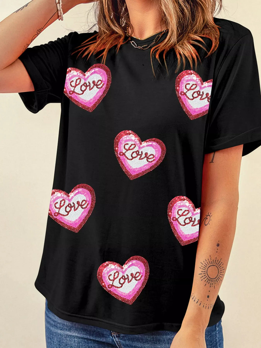 Sequin Love Heart Patched Crew Neck Casual Tee