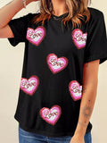 Sequin Love Heart Patched Crew Neck Casual Tee