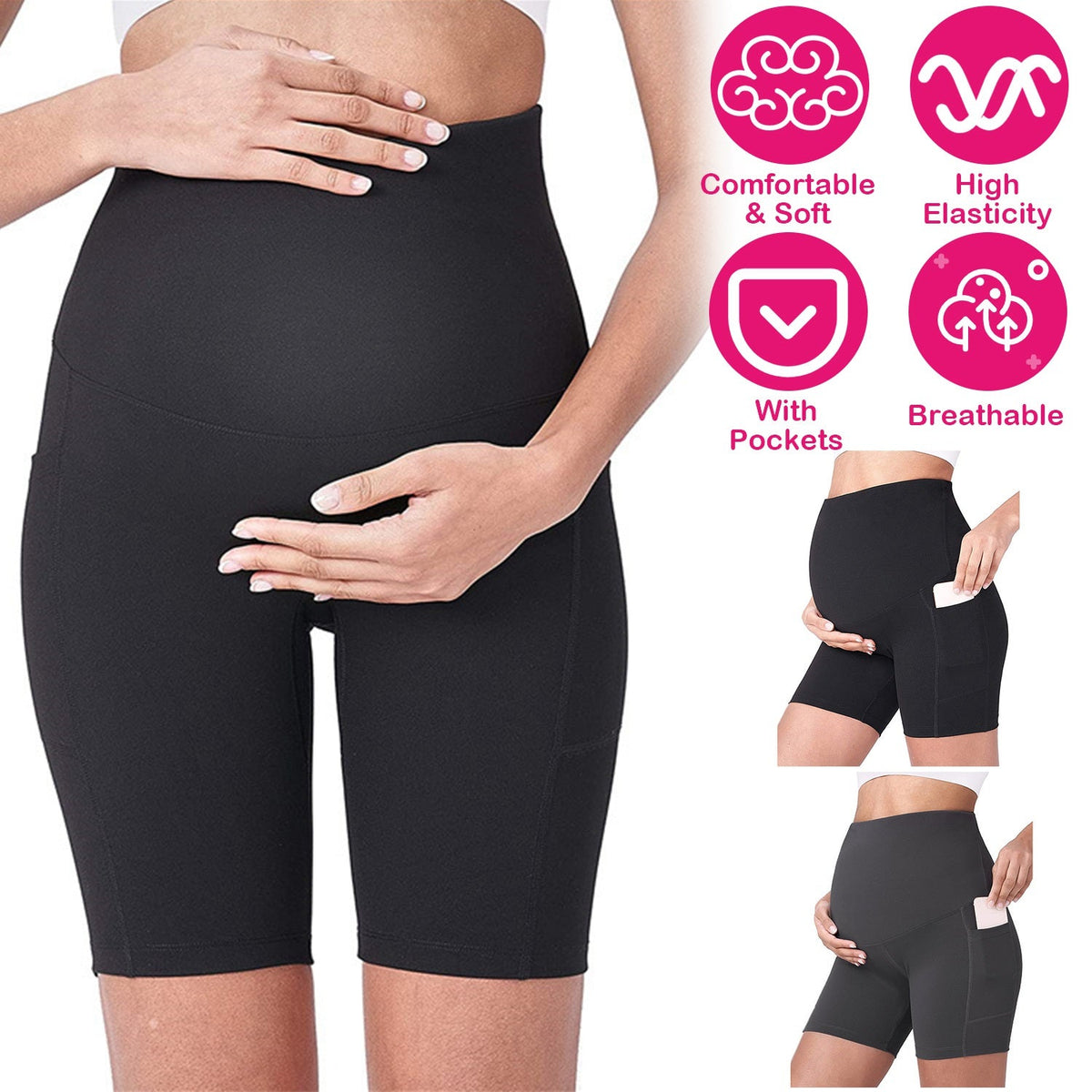 Women Maternity Shorts Seamless Pregnancy Underwear Shapewear Fitness Yoga Running Shorts High Waist Over The Belly Pants with Two Side Pockets